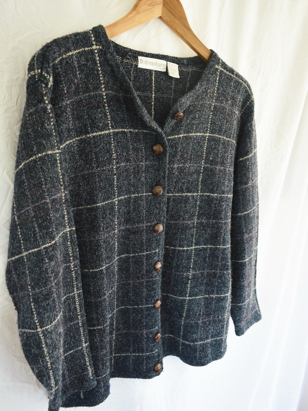 Dressbarn Charcoal Blue Windowpane Button-Up Cardigan